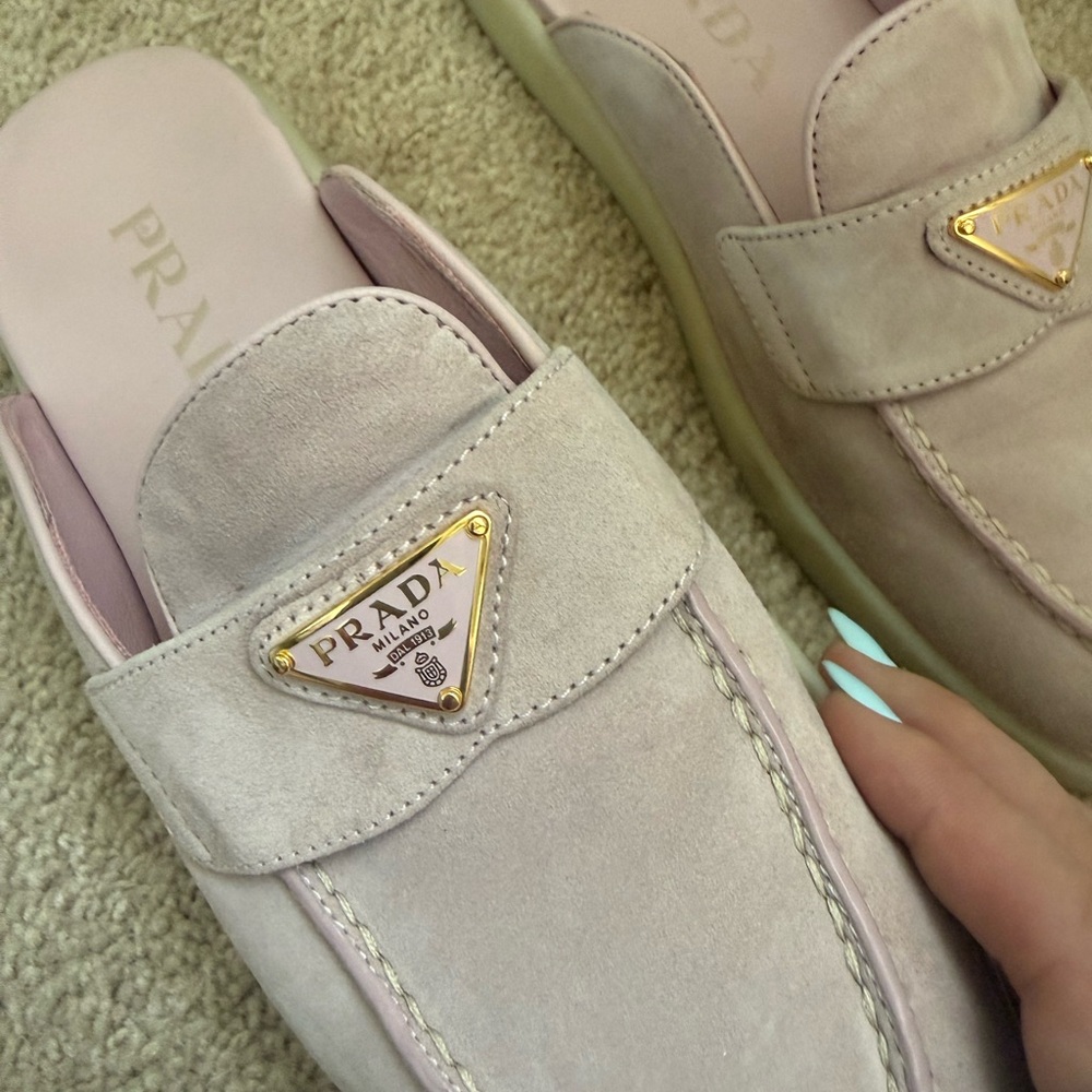 Prada Women's Light Pink Suede Slip-On Loafer Mules - Picture 3 of 6